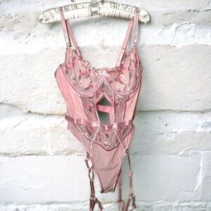 Pastel pink garden teddy bodysuit with built in garter belt  M